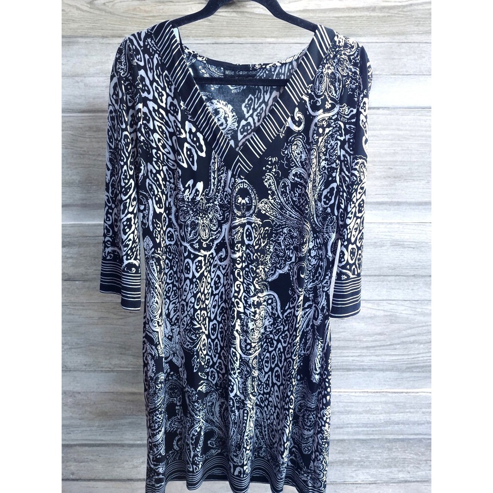 Mlle Gabrielle Black White Paisley V-Neck Sheath Dress Large Lg Office Wear Mod